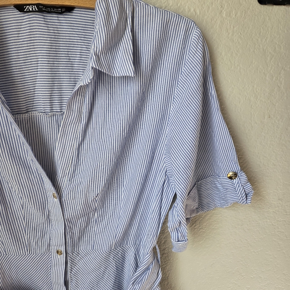 Zara Womens Blue White Striped Sz Small Buttom Collar Belted Shirt Dress - Picture 5 of 16